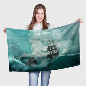 Флаг 3D с принтом Море , 100% полиэстер | плотность ткани — 95 г/м2, размер — 67 х 109 см. Принт наносится с одной стороны | бочка | вода | волны | корабль | море | небо | новые | облака | океан | природа | шторм | якорь