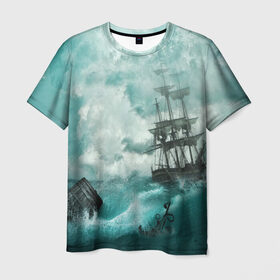 Мужская футболка 3D с принтом Море , 100% полиэфир | прямой крой, круглый вырез горловины, длина до линии бедер | бочка | вода | волны | корабль | море | небо | новые | облака | океан | природа | шторм | якорь