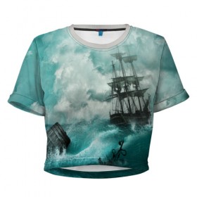 Женская футболка 3D укороченная с принтом Море , 100% полиэстер | круглая горловина, длина футболки до линии талии, рукава с отворотами | бочка | вода | волны | корабль | море | небо | новые | облака | океан | природа | шторм | якорь
