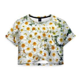 Женская футболка 3D укороченная с принтом Ромашки , 100% полиэстер | круглая горловина, длина футболки до линии талии, рукава с отворотами | букет | зелень | лепестки | природа | растения | ромашки | цветы