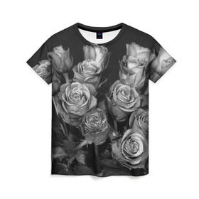 Женская футболка 3D с принтом Черно-белые розы , 100% полиэфир ( синтетическое хлопкоподобное полотно) | прямой крой, круглый вырез горловины, длина до линии бедер | Тематика изображения на принте: букет | цветы