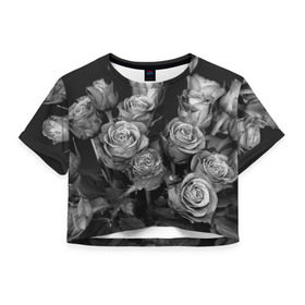 Женская футболка 3D укороченная с принтом Черно-белые розы , 100% полиэстер | круглая горловина, длина футболки до линии талии, рукава с отворотами | букет | цветы