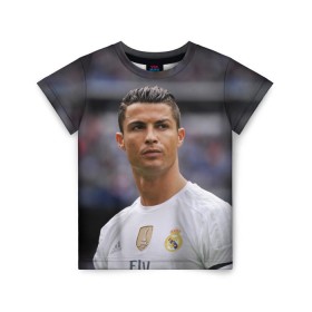 Детская футболка 3D с принтом Cristiano Ronaldo , 100% гипоаллергенный полиэфир | прямой крой, круглый вырез горловины, длина до линии бедер, чуть спущенное плечо, ткань немного тянется | Тематика изображения на принте: криштиану роналду | реал мадрид