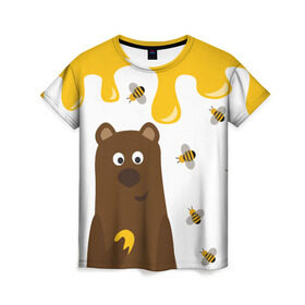 Женская футболка 3D с принтом Медведь в мёде , 100% полиэфир ( синтетическое хлопкоподобное полотно) | прямой крой, круглый вырез горловины, длина до линии бедер | мёд | медведь | миша | пчелы