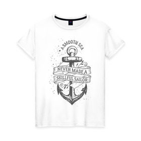 Женская футболка хлопок с принтом Гладкое море , 100% хлопок | прямой крой, круглый вырез горловины, длина до линии бедер, слегка спущенное плечо | Тематика изображения на принте: море | моряк | символы | якорь