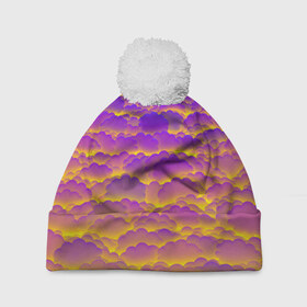 Шапка 3D c помпоном с принтом Фиолетовые облака , 100% полиэстер | универсальный размер, печать по всей поверхности изделия | Тематика изображения на принте: закат | небо | облака | солнце | тучи