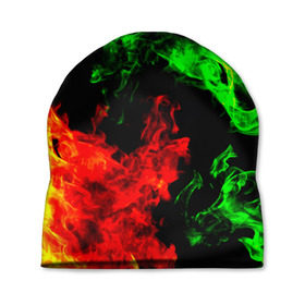 Шапка 3D с принтом Огненная битва , 100% полиэстер | универсальный размер, печать по всей поверхности изделия | дым | зеленый | красный | огонь