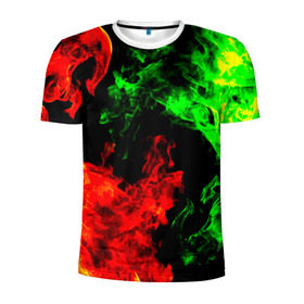 Мужская футболка 3D спортивная с принтом Огненная битва , 100% полиэстер с улучшенными характеристиками | приталенный силуэт, круглая горловина, широкие плечи, сужается к линии бедра | Тематика изображения на принте: дым | зеленый | красный | огонь