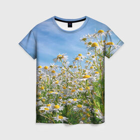Женская футболка 3D с принтом Ромашковый рай , 100% полиэфир ( синтетическое хлопкоподобное полотно) | прямой крой, круглый вырез горловины, длина до линии бедер | Тематика изображения на принте: лепестки | небо | прикольные картинки | ромашки | солнце | цветочки | цветы