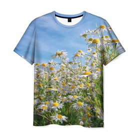 Мужская футболка 3D с принтом Ромашковый рай , 100% полиэфир | прямой крой, круглый вырез горловины, длина до линии бедер | Тематика изображения на принте: лепестки | небо | прикольные картинки | ромашки | солнце | цветочки | цветы