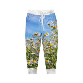 Детские брюки 3D с принтом Ромашковый рай , 100% полиэстер | манжеты по низу, эластичный пояс регулируется шнурком, по бокам два кармана без застежек, внутренняя часть кармана из мелкой сетки | лепестки | небо | прикольные картинки | ромашки | солнце | цветочки | цветы
