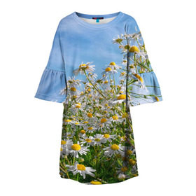 Детское платье 3D с принтом Ромашковый рай , 100% полиэстер | прямой силуэт, чуть расширенный к низу. Круглая горловина, на рукавах — воланы | лепестки | небо | прикольные картинки | ромашки | солнце | цветочки | цветы