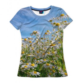 Женская футболка 3D с принтом Ромашковый рай , 100% полиэфир ( синтетическое хлопкоподобное полотно) | прямой крой, круглый вырез горловины, длина до линии бедер | лепестки | небо | прикольные картинки | ромашки | солнце | цветочки | цветы