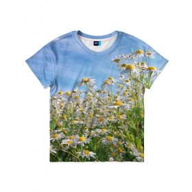 Детская футболка 3D с принтом Ромашковый рай , 100% гипоаллергенный полиэфир | прямой крой, круглый вырез горловины, длина до линии бедер, чуть спущенное плечо, ткань немного тянется | Тематика изображения на принте: лепестки | небо | прикольные картинки | ромашки | солнце | цветочки | цветы