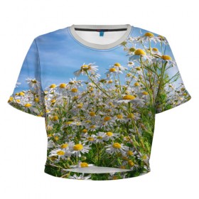 Женская футболка 3D укороченная с принтом Ромашковый рай , 100% полиэстер | круглая горловина, длина футболки до линии талии, рукава с отворотами | Тематика изображения на принте: лепестки | небо | прикольные картинки | ромашки | солнце | цветочки | цветы