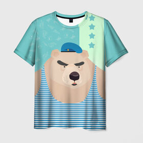Мужская футболка 3D с принтом Медведь - вдвшник , 100% полиэфир | прямой крой, круглый вырез горловины, длина до линии бедер | вдв | военные | военный | воздушные войска | медведь | морпех | нас мало но мы в тельняшках | русский | солдат | тельняшка