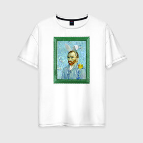 Женская футболка хлопок Oversize с принтом Детство Ван Гога , 100% хлопок | свободный крой, круглый ворот, спущенный рукав, длина до линии бедер
 | автопортрет | ван гог | детство | зайчик | зелёный | личность | портрет | рама | рамка | синий | уточка | ушки