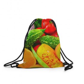 Рюкзак-мешок 3D с принтом Овощи , 100% полиэстер | плотность ткани — 200 г/м2, размер — 35 х 45 см; лямки — толстые шнурки, застежка на шнуровке, без карманов и подкладки | апельсин | диета | киви | лук | овощ | огурец | помидор