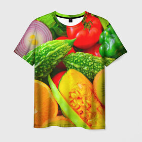 Мужская футболка 3D с принтом Овощи , 100% полиэфир | прямой крой, круглый вырез горловины, длина до линии бедер | апельсин | диета | киви | лук | овощ | огурец | помидор