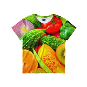 Детская футболка 3D с принтом Овощи , 100% гипоаллергенный полиэфир | прямой крой, круглый вырез горловины, длина до линии бедер, чуть спущенное плечо, ткань немного тянется | апельсин | диета | киви | лук | овощ | огурец | помидор