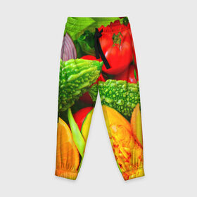 Детские брюки 3D с принтом Овощи , 100% полиэстер | манжеты по низу, эластичный пояс регулируется шнурком, по бокам два кармана без застежек, внутренняя часть кармана из мелкой сетки | апельсин | диета | киви | лук | овощ | огурец | помидор