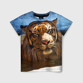 Детская футболка 3D с принтом Тигр , 100% гипоаллергенный полиэфир | прямой крой, круглый вырез горловины, длина до линии бедер, чуть спущенное плечо, ткань немного тянется | вода | дикая кошка | природа | тигр | хищник