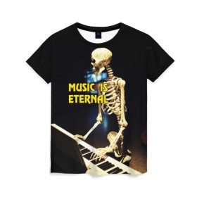 Женская футболка 3D с принтом Музыка вечна 3 , 100% полиэфир ( синтетическое хлопкоподобное полотно) | прямой крой, круглый вырез горловины, длина до линии бедер | мелодия. клавиши | музыка | музыкальный инструмент | скелет