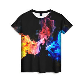 Женская футболка 3D с принтом Битва огней , 100% полиэфир ( синтетическое хлопкоподобное полотно) | прямой крой, круглый вырез горловины, длина до линии бедер | красный | огонь | синий