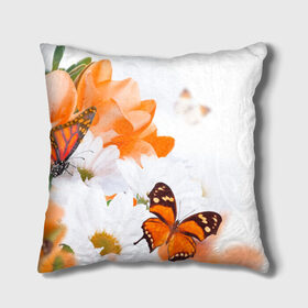 Подушка 3D с принтом Оранж , наволочка – 100% полиэстер, наполнитель – холлофайбер (легкий наполнитель, не вызывает аллергию). | состоит из подушки и наволочки. Наволочка на молнии, легко снимается для стирки | бабочки | лепестки | оранжевый | цветочки | цветы