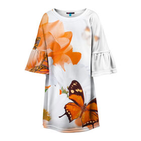 Детское платье 3D с принтом Оранж , 100% полиэстер | прямой силуэт, чуть расширенный к низу. Круглая горловина, на рукавах — воланы | бабочки | лепестки | оранжевый | цветочки | цветы