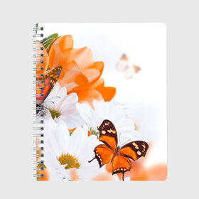 Тетрадь с принтом Оранж , 100% бумага | 48 листов, плотность листов — 60 г/м2, плотность картонной обложки — 250 г/м2. Листы скреплены сбоку удобной пружинной спиралью. Уголки страниц и обложки скругленные. Цвет линий — светло-серый
 | бабочки | лепестки | оранжевый | цветочки | цветы