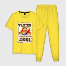 Мужская пижама хлопок с принтом Wanted Luffy , 100% хлопок | брюки и футболка прямого кроя, без карманов, на брюках мягкая резинка на поясе и по низу штанин
 | Тематика изображения на принте: ван пис | луффи | разыскивается