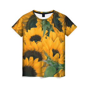 Женская футболка 3D с принтом Подсолнухи , 100% полиэфир ( синтетическое хлопкоподобное полотно) | прямой крой, круглый вырез горловины, длина до линии бедер | желтый | зеленый | лето | подсолнухи | цветы | черный