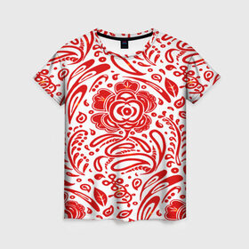 Женская футболка 3D с принтом Хохлома , 100% полиэфир ( синтетическое хлопкоподобное полотно) | прямой крой, круглый вырез горловины, длина до линии бедер | белый | красный | орнамент | растительный