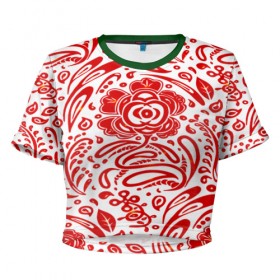 Женская футболка 3D укороченная с принтом Хохлома , 100% полиэстер | круглая горловина, длина футболки до линии талии, рукава с отворотами | белый | красный | орнамент | растительный