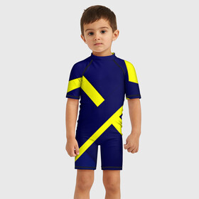 Детский купальный костюм 3D с принтом Аirfoil , Полиэстер 85%, Спандекс 15% | застежка на молнии на спине | геометрия | желтый | линии | темно синий