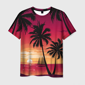 Мужская футболка 3D с принтом Пальмы , 100% полиэфир | прямой крой, круглый вырез горловины, длина до линии бедер | лето | море | пальмы