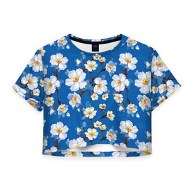 Женская футболка 3D укороченная с принтом Цветы ретро 5 , 100% полиэстер | круглая горловина, длина футболки до линии талии, рукава с отворотами |   | винтаж | прованс | роза | роспись | узор | цветок | цветы
