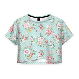 Женская футболка 3D укороченная с принтом Цветы ретро 1 , 100% полиэстер | круглая горловина, длина футболки до линии талии, рукава с отворотами |   | винтаж | прованс | роза | роспись | узор | цветок | цветы
