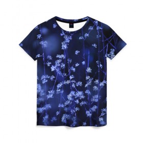 Женская футболка 3D с принтом Ночные цветы , 100% полиэфир ( синтетическое хлопкоподобное полотно) | прямой крой, круглый вырез горловины, длина до линии бедер | лепестки | ночь | прикольные картинки | синий | цветочки | цветы