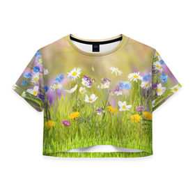 Женская футболка 3D укороченная с принтом Солнечная нежность , 100% полиэстер | круглая горловина, длина футболки до линии талии, рукава с отворотами | лепестки | лучи | прикольные картинки | солнце | цветочки | цветы