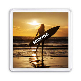 Магнит 55*55 с принтом Surfing , Пластик | Размер: 65*65 мм; Размер печати: 55*55 мм | Тематика изображения на принте: волна | девушка | море | прикольные картинки | сёрфинг | солнце | спорт | экстрим