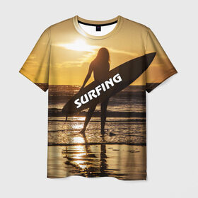 Мужская футболка 3D с принтом Surfing , 100% полиэфир | прямой крой, круглый вырез горловины, длина до линии бедер | волна | девушка | море | прикольные картинки | сёрфинг | солнце | спорт | экстрим