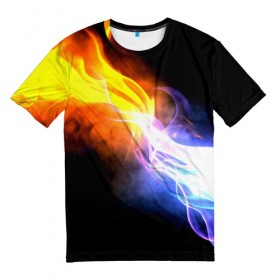 Мужская футболка 3D с принтом Brisk Fire , 100% полиэфир | прямой крой, круглый вырез горловины, длина до линии бедер | дым | желтый | огонь | синий