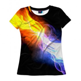 Женская футболка 3D с принтом Brisk Fire , 100% полиэфир ( синтетическое хлопкоподобное полотно) | прямой крой, круглый вырез горловины, длина до линии бедер | дым | желтый | огонь | синий