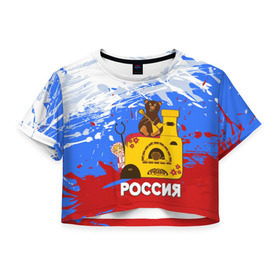 Женская футболка 3D укороченная с принтом Россия. Медведь. Балалайка , 100% полиэстер | круглая горловина, длина футболки до линии талии, рукава с отворотами | матрешка | печька | россия. медведь. балалайка
