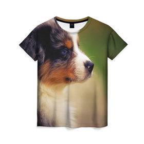 Женская футболка 3D с принтом Aussi , 100% полиэфир ( синтетическое хлопкоподобное полотно) | прямой крой, круглый вырез горловины, длина до линии бедер | австралийская овчарка | животные | пёс | собака | щенок