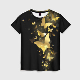 Женская футболка 3D с принтом Золотые бабочки , 100% полиэфир ( синтетическое хлопкоподобное полотно) | прямой крой, круглый вырез горловины, длина до линии бедер | бабочки | девушкам | злато | золото