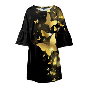 Детское платье 3D с принтом Золотые бабочки , 100% полиэстер | прямой силуэт, чуть расширенный к низу. Круглая горловина, на рукавах — воланы | Тематика изображения на принте: бабочки | девушкам | злато | золото