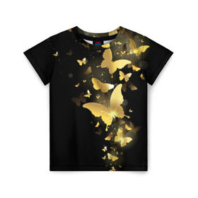 Детская футболка 3D с принтом Золотые бабочки , 100% гипоаллергенный полиэфир | прямой крой, круглый вырез горловины, длина до линии бедер, чуть спущенное плечо, ткань немного тянется | бабочки | девушкам | злато | золото